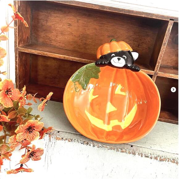 Vintage Halloween 1990s Hallmark Ceramic Cat Pumpkin Candy Dish Bowl (03466) - Picture 1 of 5